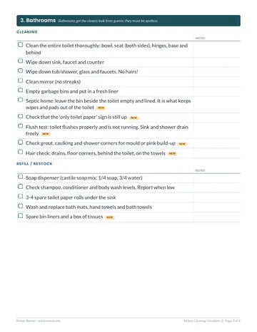 Bathroom section of the Airbnb cleaning checklist including septic and flush checks
