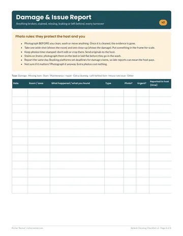 Airbnb damage and issue report form for cleaners
