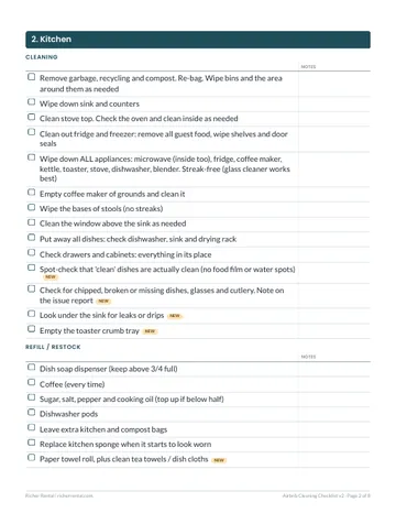 Kitchen section of the Airbnb cleaning checklist with cleaning and restock tick boxes