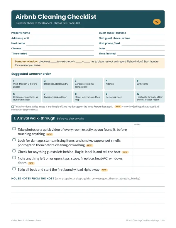 Airbnb cleaning checklist PDF, page 1: turnover details and suggested cleaning order