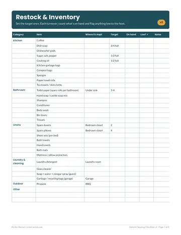Airbnb restock and inventory tracker with target and on-hand columns