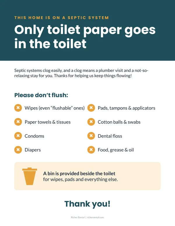 Printable 'Only toilet paper goes in the toilet' septic sign for an Airbnb bathroom, listing items not to flush